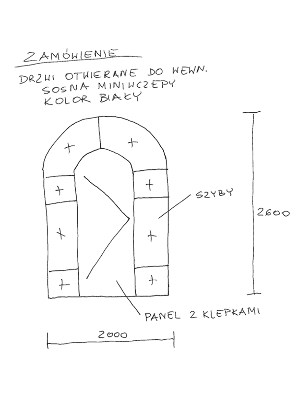 La première étape de l'exécution de la commande pour des formes inhabituelles de fenêtres et de portes en bois - croquis du client.