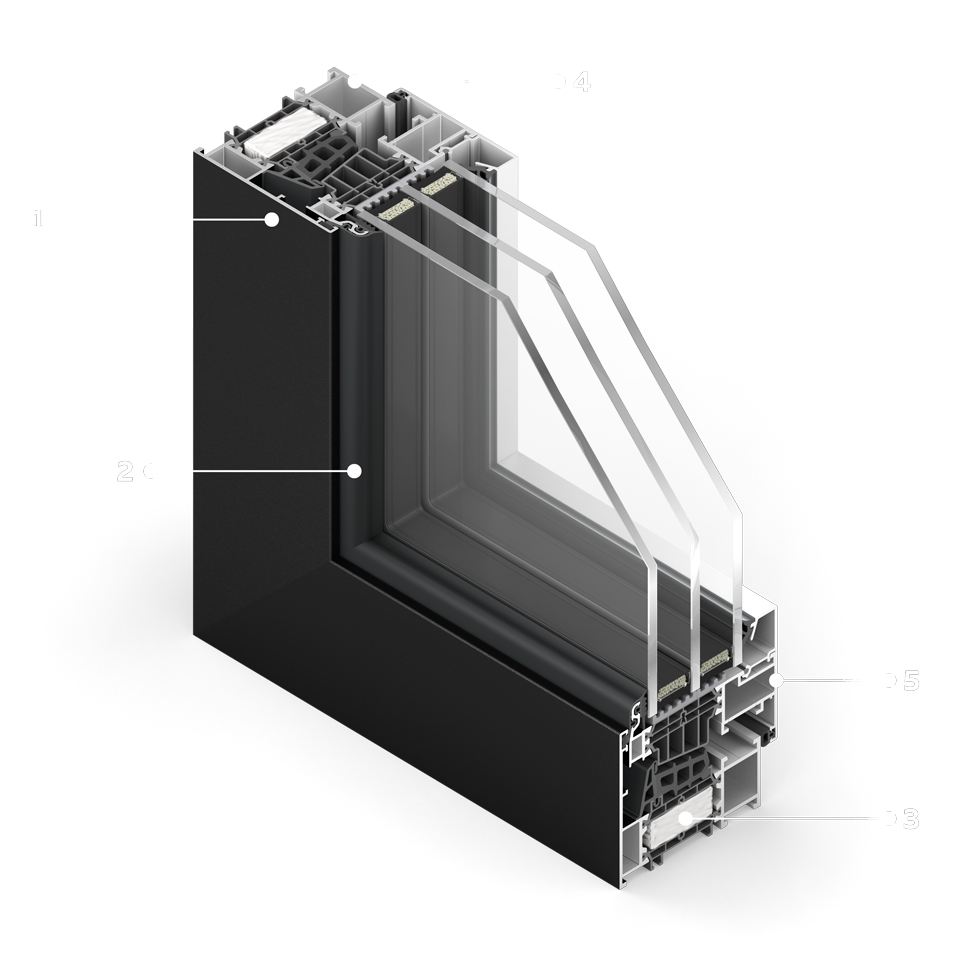 Coupe transversale de la fenêtre Premium 86 US avec ouvrant invisible de l'extérieur.