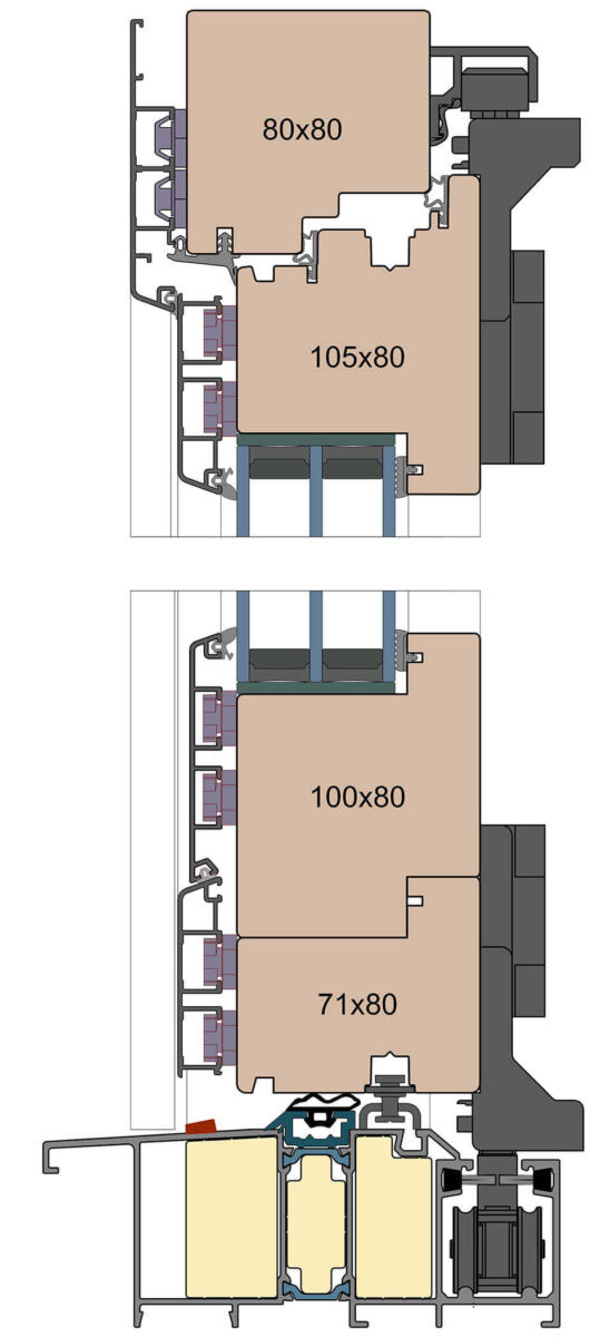 Portes pliantes en bois et aluminium constituées d'un profilé de 80 mm d'épaisseur.