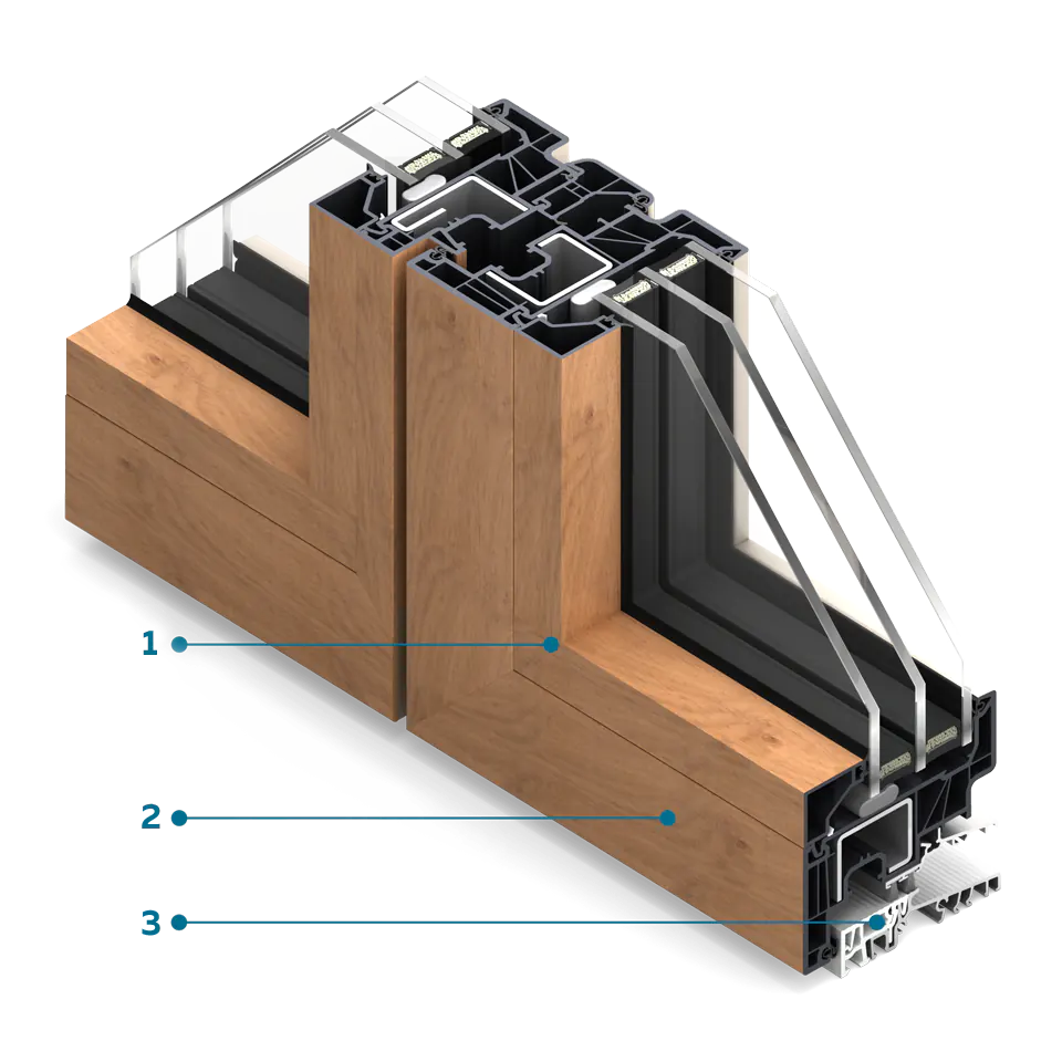 Coupe transversale d'une fenêtre FORMA Viso avec meneau étroit, structure en placage imitant le bois naturel.