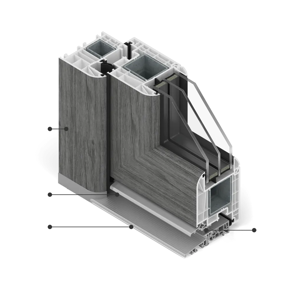 Coupe transversale de la fenêtre d'évolution MS[82] en placage Béton avec un seuil en aluminium.