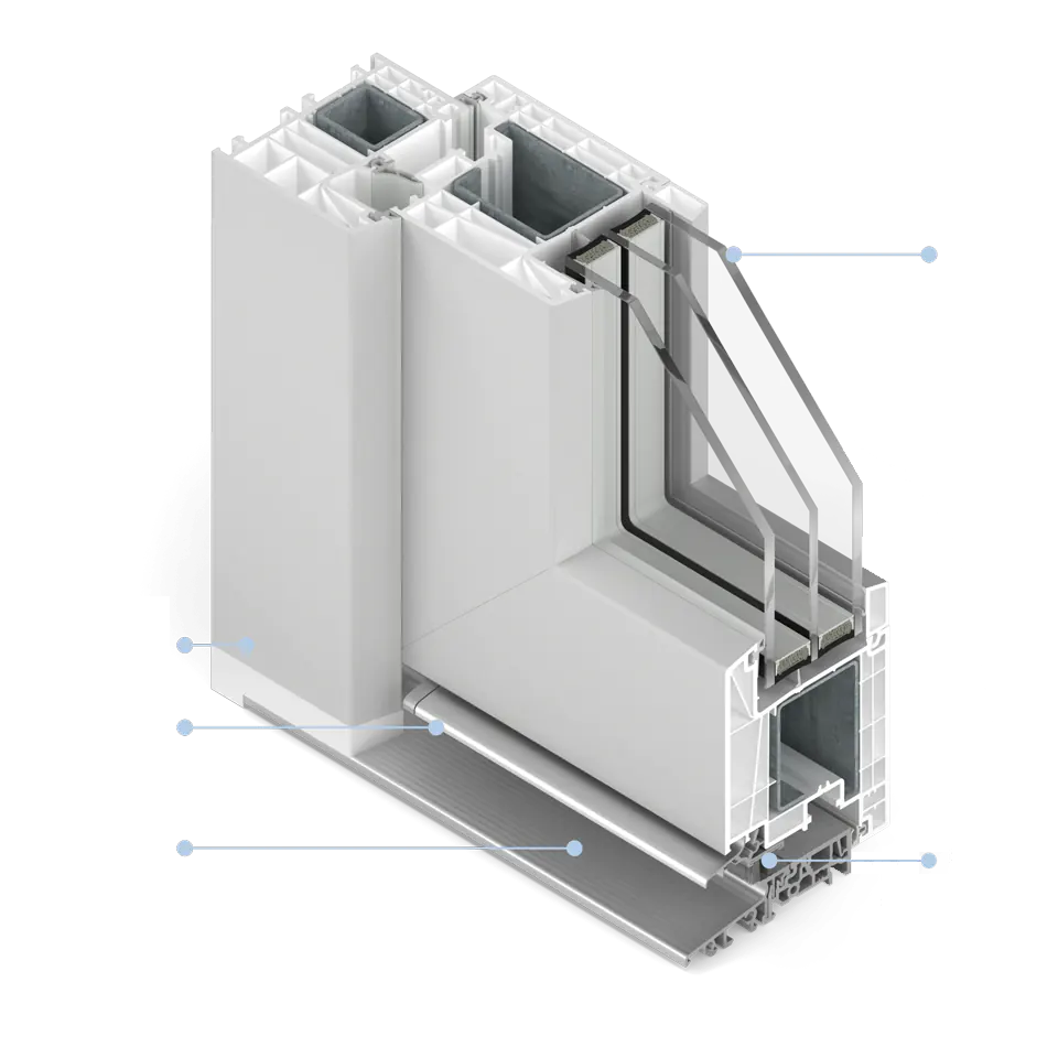 Coupe transversale d'une porte patio avec un seuil chaleureux en aluminium.