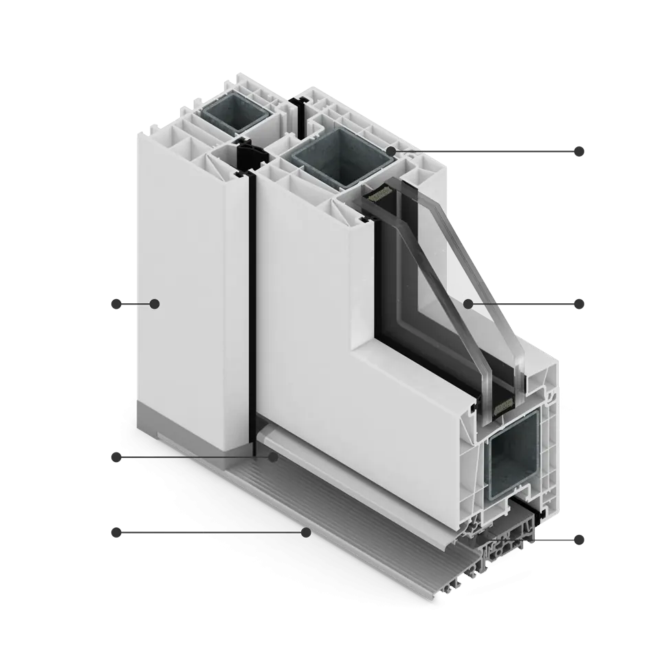 Coupe transversale de la fenêtre MSline+ dans la version avec seuil en aluminium.