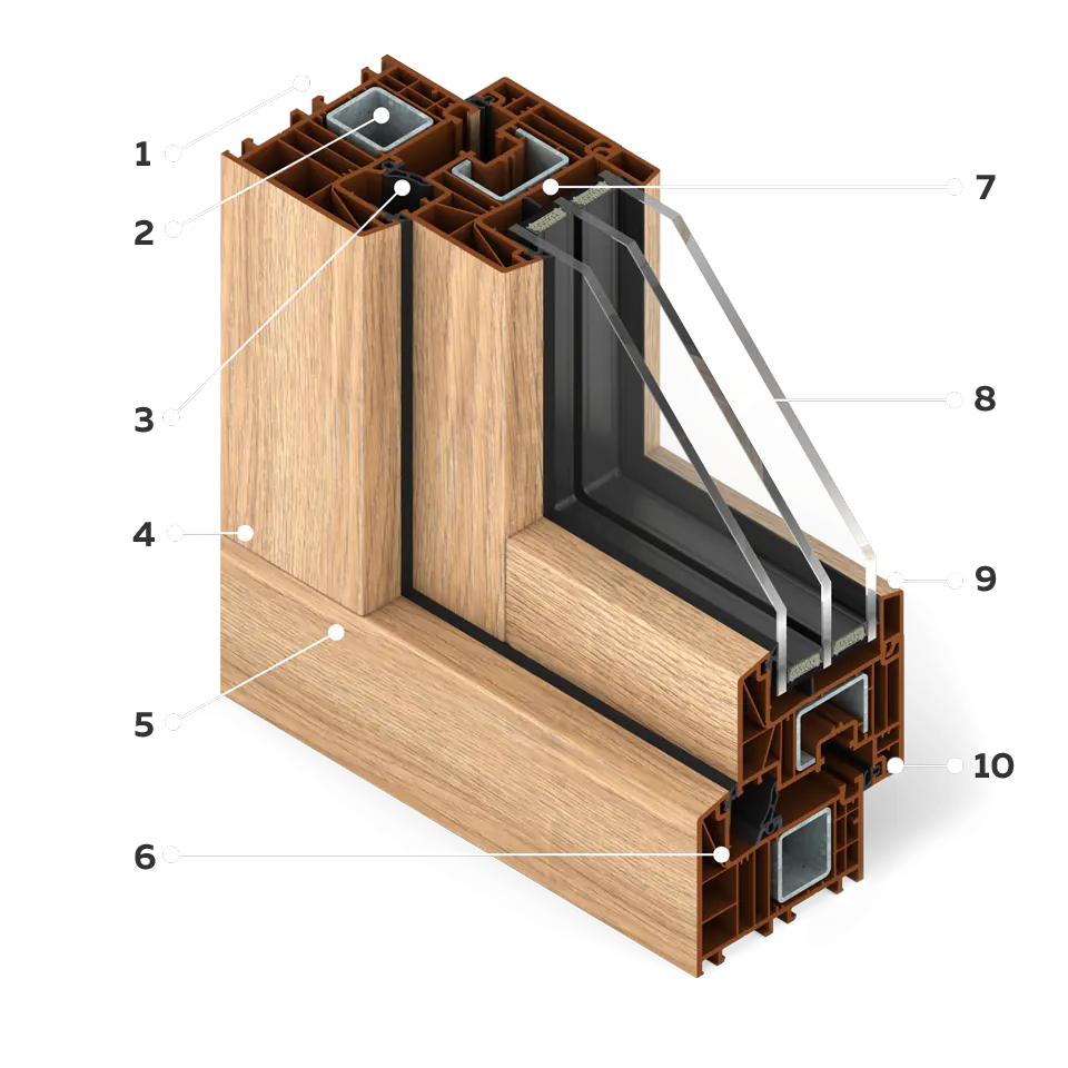 Coupe transversale d’une fenêtre aspect bois en placage chêne Turner.