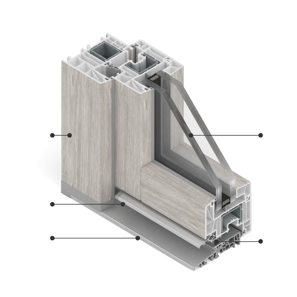 Coupe transversale d'une fenêtre aspect bois en placage alpin avec un seuil en aluminium.