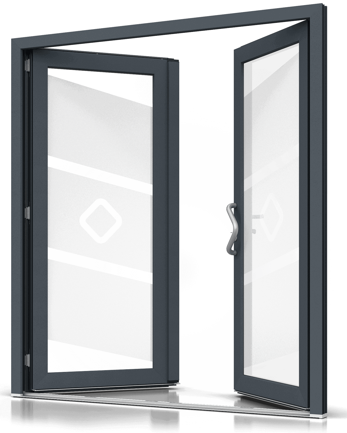 Porte d'entrée à deux vantaux en PVC avec verre dépoli (sablé).