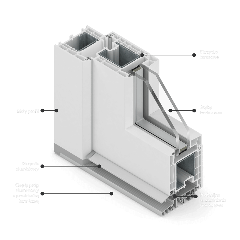 Coupe transversale d'une fenêtre MSline avec seuil en aluminium.